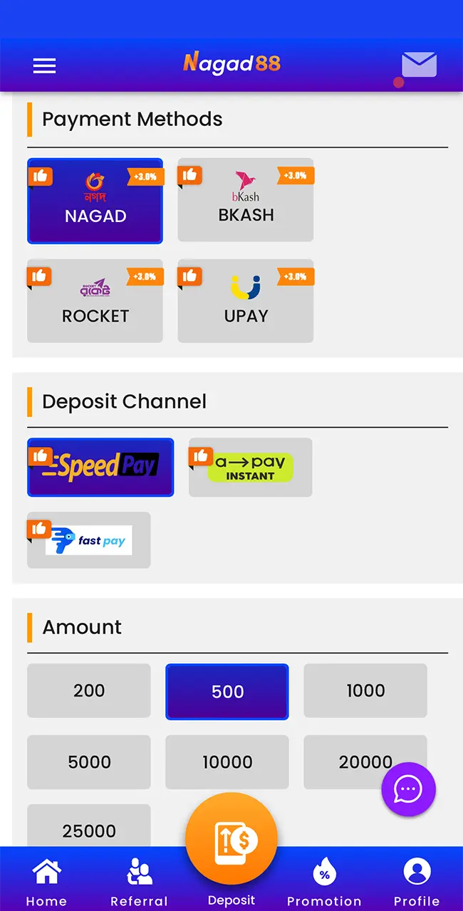 Choose and use the method of deposit to your Nagad88 account that is convenient for you.