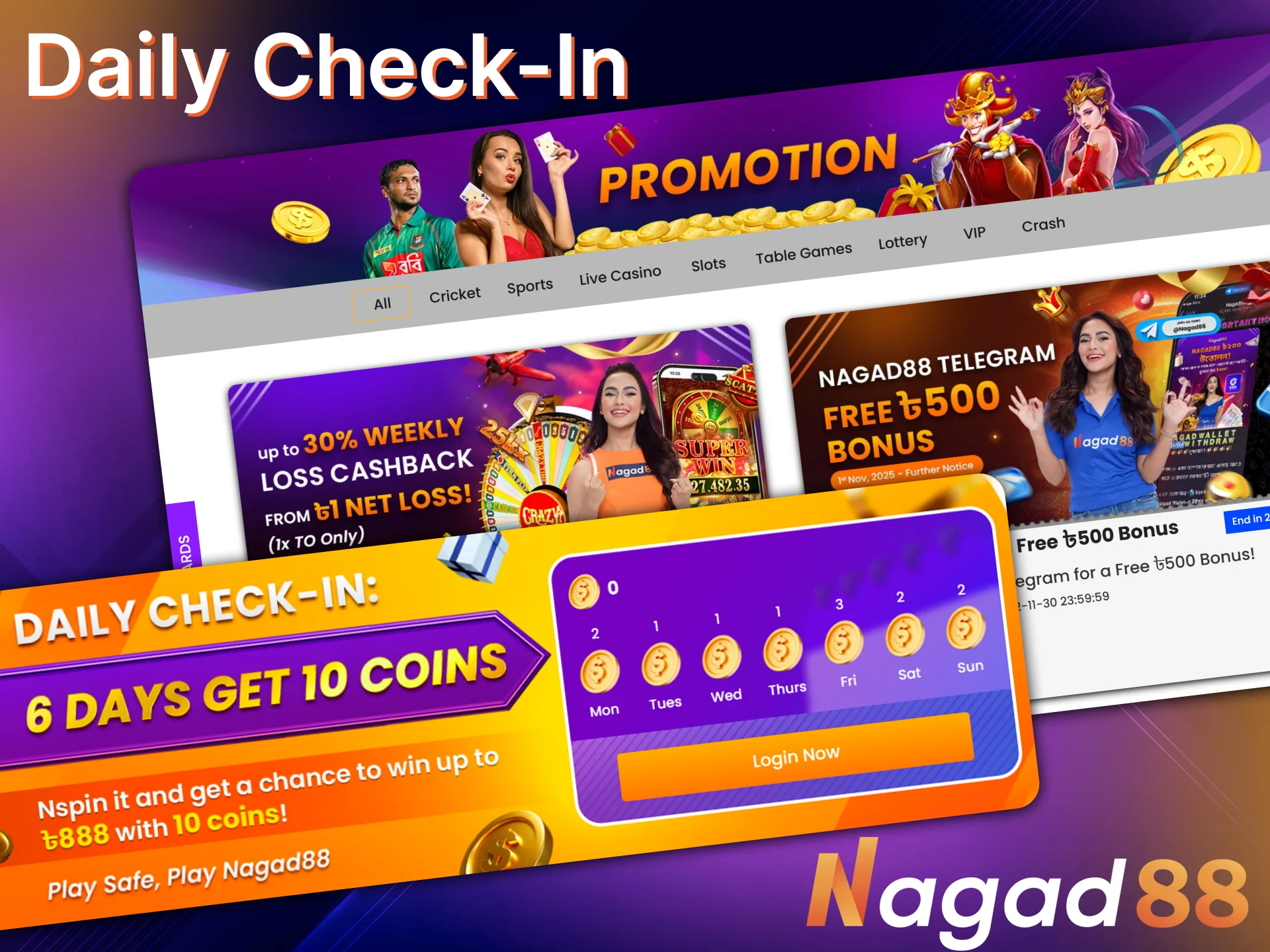 Sign in for the Nagad88 daily check-in to collect prizes.